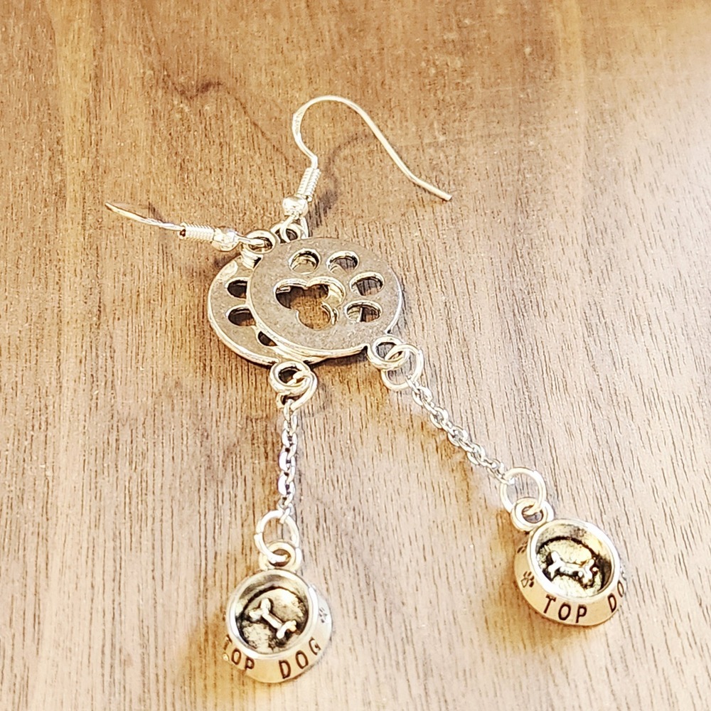 Silver Paw Print Top Dog Bowl Dangle Earrings Puppy Animal Lover Hook Drops - Picture 6 of 6